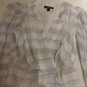 Express Black & White Plaid Puffy Long Sleeve Faux Wrap Blouse